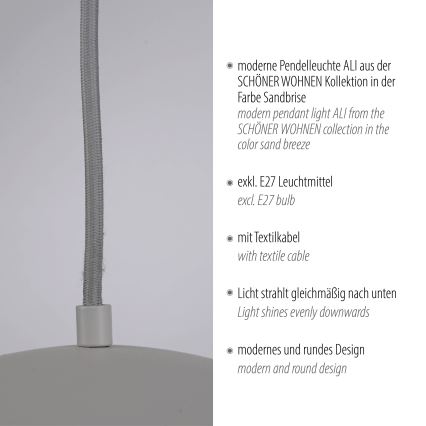 Schöner Wohnen 11728-39 - ALI kabelpendel, 1xE27/25W/230V, Ø 38 cm, grå