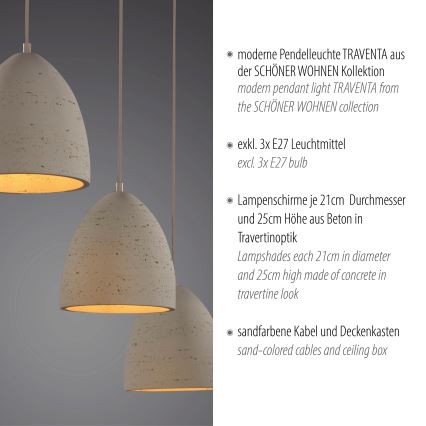 Schöner Wohnen 12541-42 - Pendel med kabel TRAVENTA 3xE27/40W/230V beton