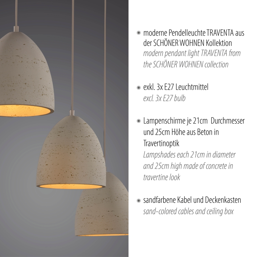 Schöner Wohnen 12541-42 - Pendel med kabel TRAVENTA 3xE27/40W/230V beton