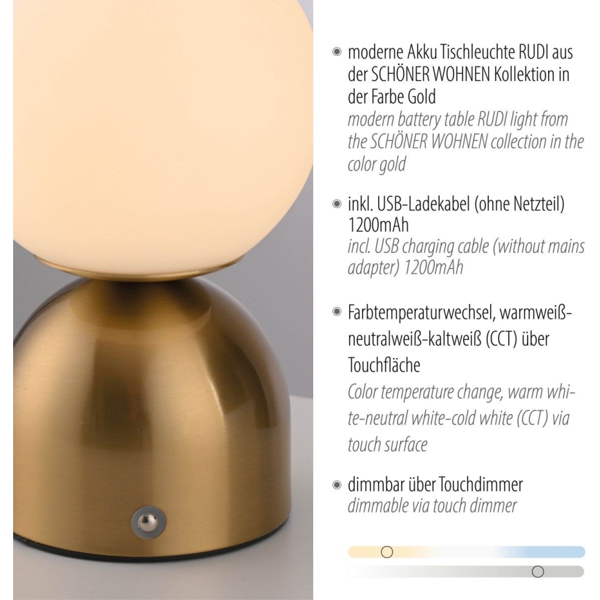 Schöner Wohnen 19218-12 - LED dæmpbar berøringsbetjent genopladelig bordlampe RUDI LED/1,2W/5V 3000-6000K 1200 mAh guldfarvet