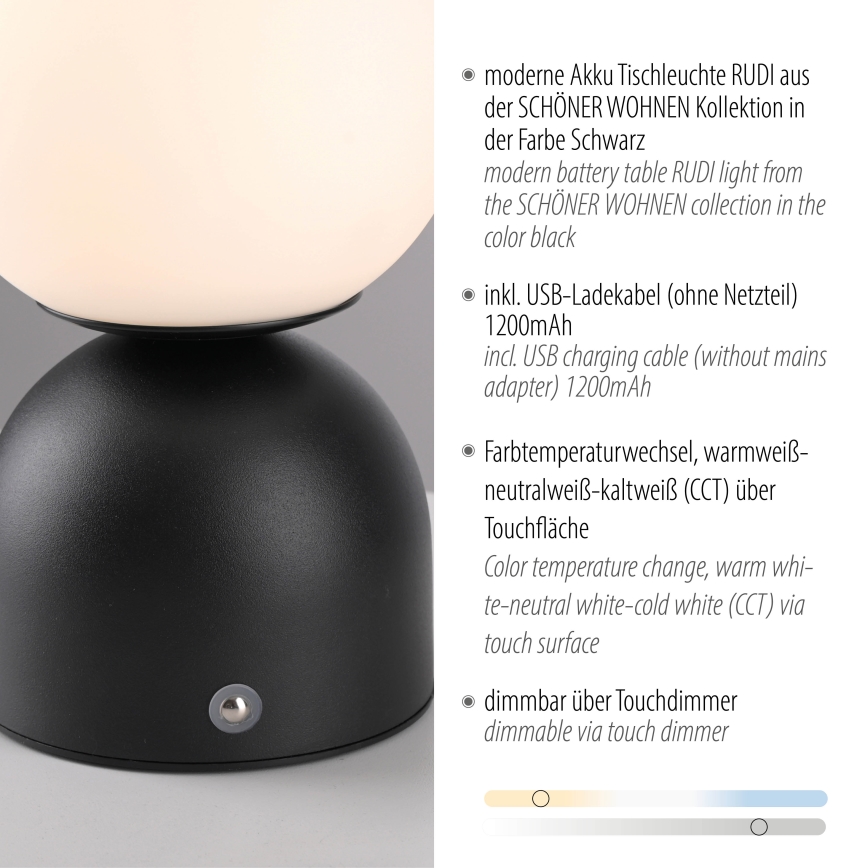 Schöner Wohnen 19218-18 - LED dæmpbar berøringsbetjent opladelig bordlampe RUDI LED/1,2W/5V 3000-6000K 1200 mAh sort