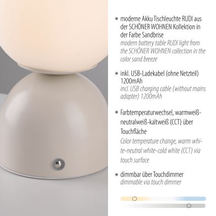Schöner Wohnen 19218-39 - LED, dæmpbar, berøringsbetjent genopladelig bordlampe RUDI LED/1,2W/5V 3000-6000K 1200 mAh grå
