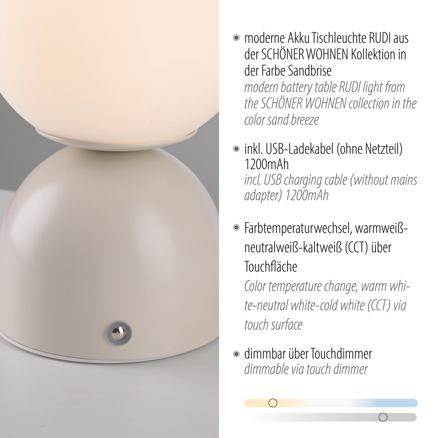 Schöner Wohnen 19218-39 - LED, dæmpbar, berøringsbetjent genopladelig bordlampe RUDI LED/1,2W/5V 3000-6000K 1200 mAh grå