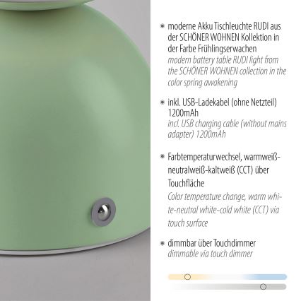 Schöner Wohnen 19218-43 - Dæmpbar berøringsbetjent genopladelig bordlampe RUDI LED/1,2W/5V 3000-6000K 1200 mAh grøn