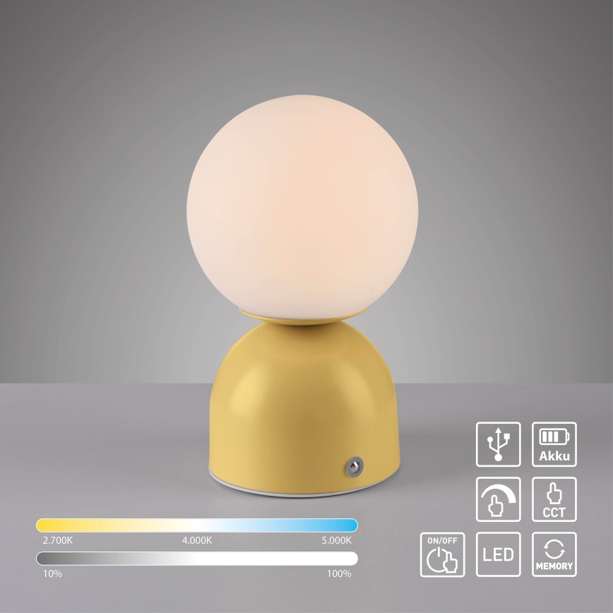 Schöner Wohnen 19218-81 - RUDI LED dæmpbar berøringsbetjent genopladelig bordlampe, LED/1,2W/5V, 3000–6000K, 1200 mAh, gul