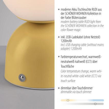 Schöner Wohnen 19218-81 - RUDI LED dæmpbar berøringsbetjent genopladelig bordlampe, LED/1,2W/5V, 3000–6000K, 1200 mAh, gul