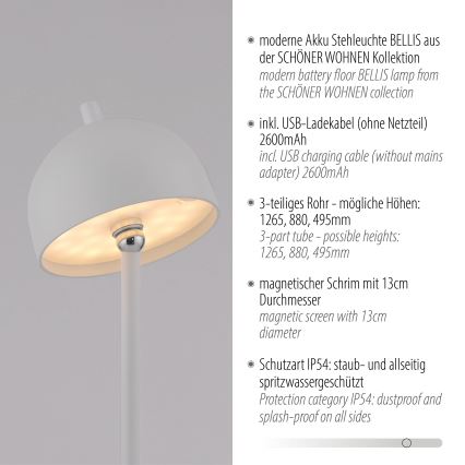 Schöner Wohnen 19245-16 - BELLIS dæmpbar berøringsbetjent genopladelig udendørs gulvlampe LED/2,5W/5V 2600 mAh IP54 hvid