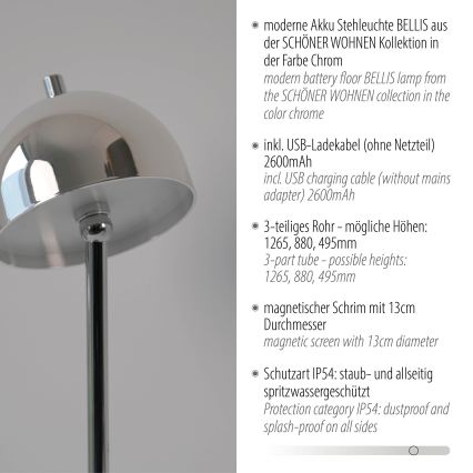 Schöner Wohnen 19245-17 - LED dæmpbar berøringsbetjent genopladelig udendørs gulvlampe BELLIS LED/2,5W/5V 2600 mAh IP54 blank krom