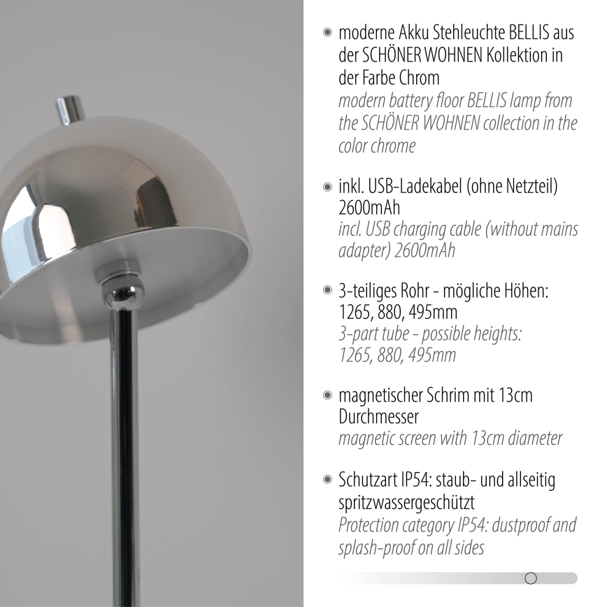 Schöner Wohnen 19245-17 - LED dæmpbar berøringsbetjent genopladelig udendørs gulvlampe BELLIS LED/2,5W/5V 2600 mAh IP54 blank krom