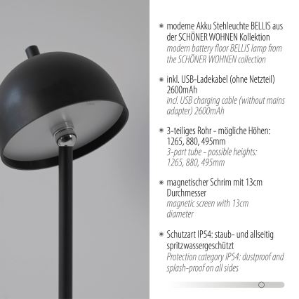Schöner Wohnen 19245-18 - LED dæmpbar, berøringsbetjent, genopladelig udendørs gulvlampe BELLIS LED/2,5W/5V 2600 mAh IP54 sort