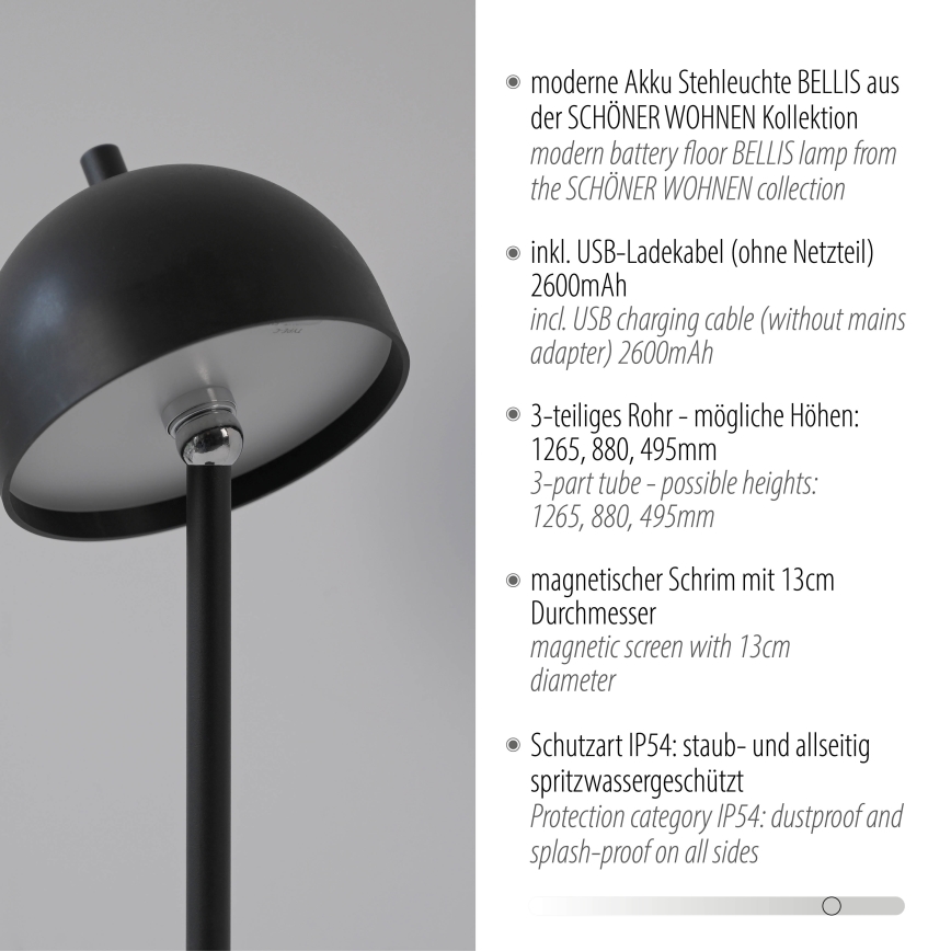 Schöner Wohnen 19245-18 - LED dæmpbar, berøringsbetjent, genopladelig udendørs gulvlampe BELLIS LED/2,5W/5V 2600 mAh IP54 sort