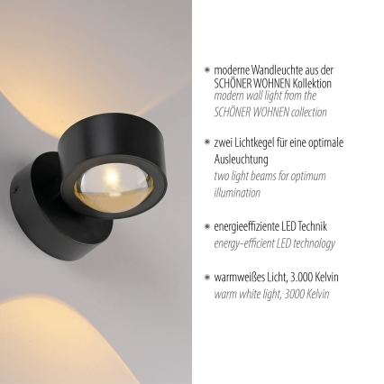 Schöner Wohnen 19331-18 - LED-væglampe CHIA 2xLED/2W/230V sort