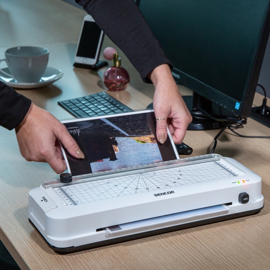 Sencor - A4 lamineringsmaskine med kniv og hulmaskine 100W/230V hvid