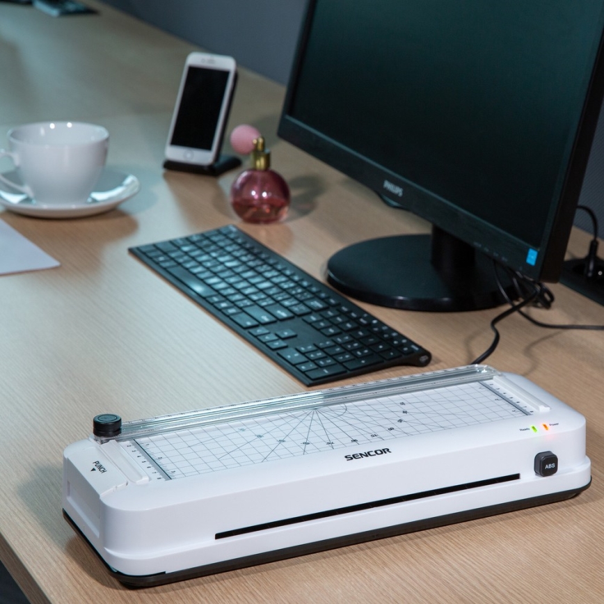 Sencor - A4 lamineringsmaskine med kniv og hulmaskine 100W/230V hvid