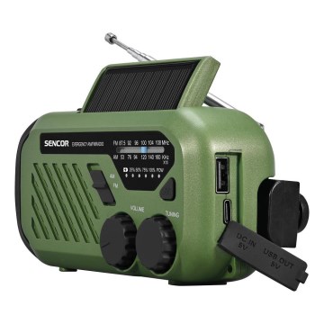 Sencor - Campingradio med håndsving, solcellepanel og LED-lommelygte 5V/2000 mAh IPX4 grøn