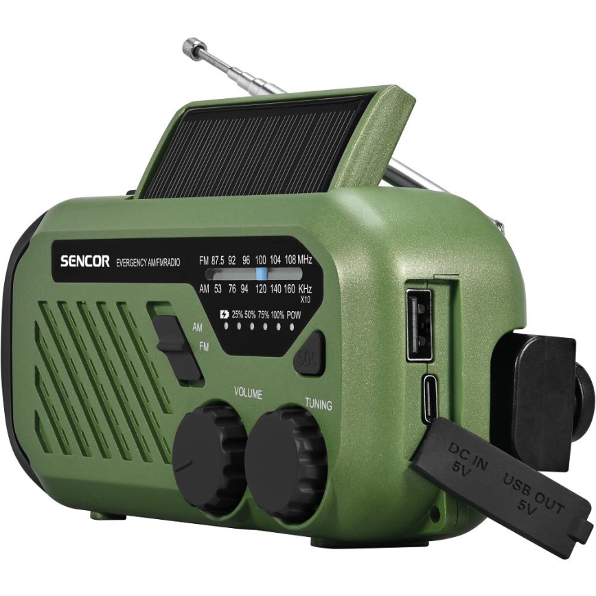 Sencor - Campingradio med solpanel og LED-lommelygte 5V/2000 mAh IPX4 grøn