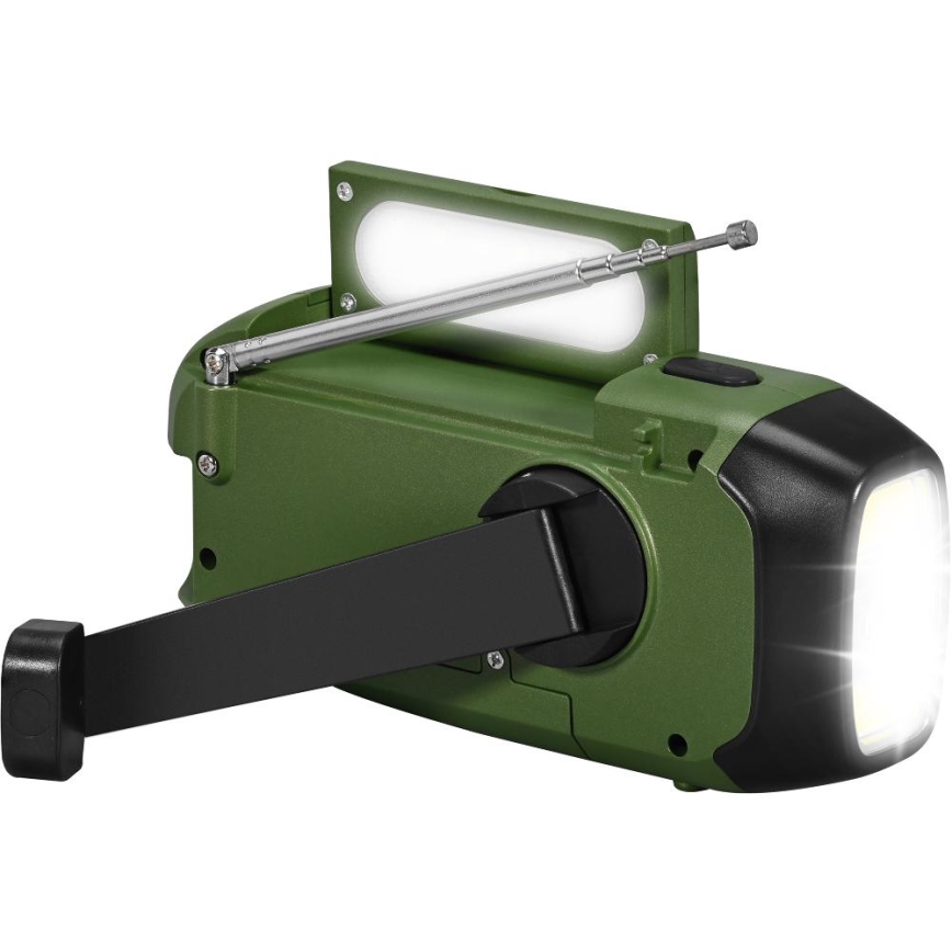 Sencor - Campingradio med solpanel og LED-lommelygte 5V/2000 mAh IPX4 grøn