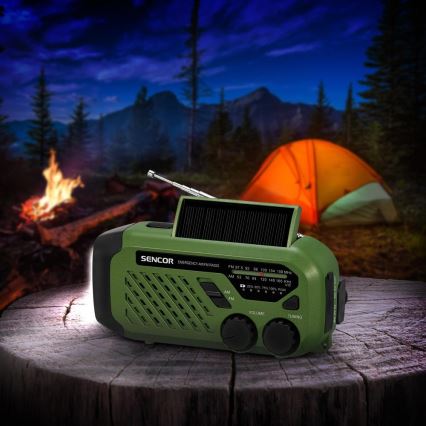 Sencor - Campingradio med solpanel og LED lommelygte med krog og magnet 5V/2000 mAh IPX4 grøn