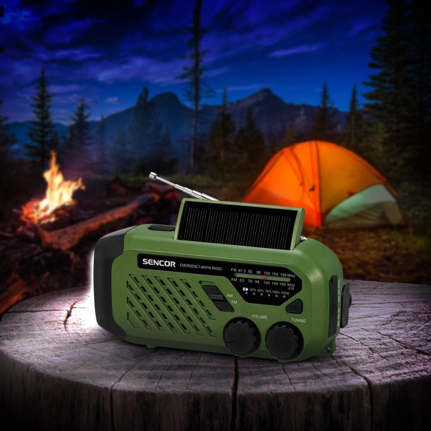 Sencor - Campingradio med solpanel og LED lommelygte med krog og magnet 5V/2000 mAh IPX4 grøn