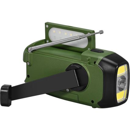 Sencor - Campingradio med solpanel og LED lommelygte med krog og magnet 5V/2000 mAh IPX4 grøn