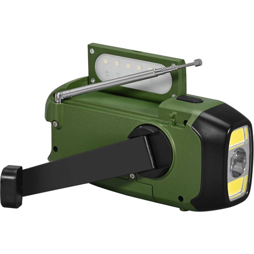 Sencor - Campingradio med solpanel og LED lommelygte med krog og magnet 5V/2000 mAh IPX4 grøn