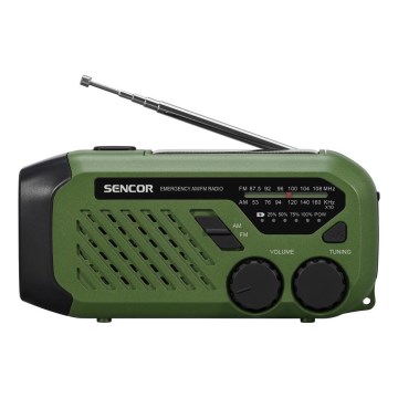 Sencor - Campingradio med solpanel og LED lommelygte med krog og magnet 5V/2000 mAh IPX4 grøn