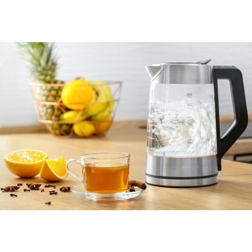 Sencor - Elkedel med temperaturregulering 1,7 l 2200W/230V mat krom/sort