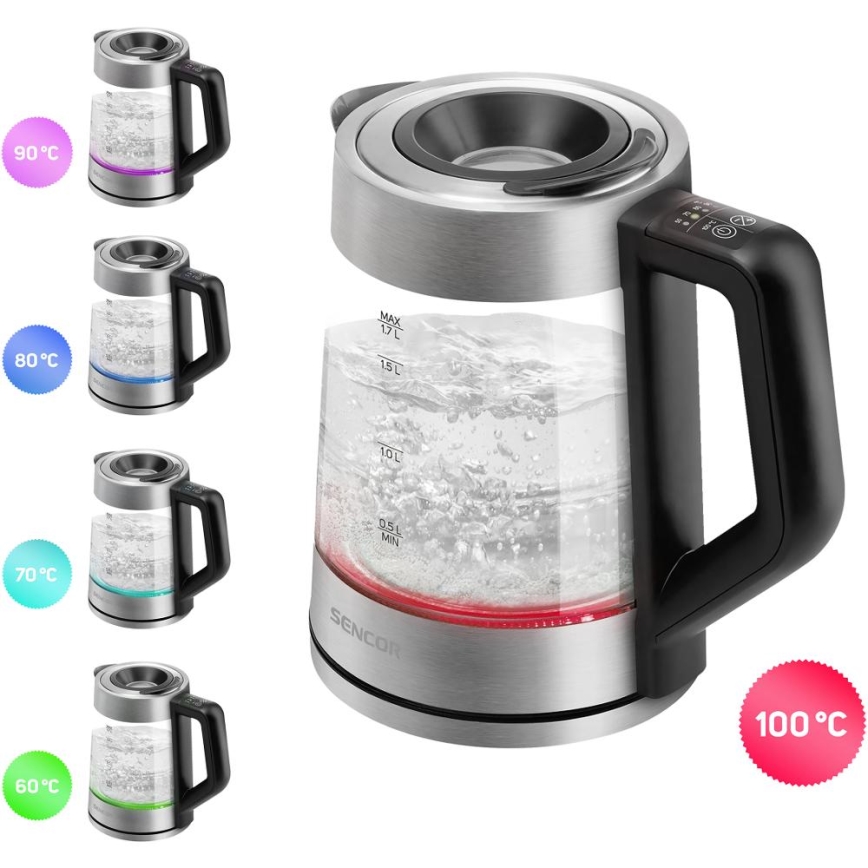 Sencor - Elkedel med temperaturregulering 1,7 l 2200W/230V mat krom/sort