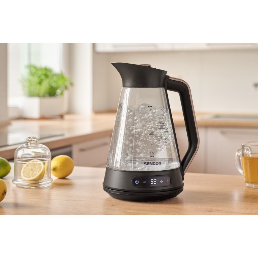 Sencor - Hurtig elkedel med temperaturstyring 1,5 l 2150W/230V sort/rosaguld