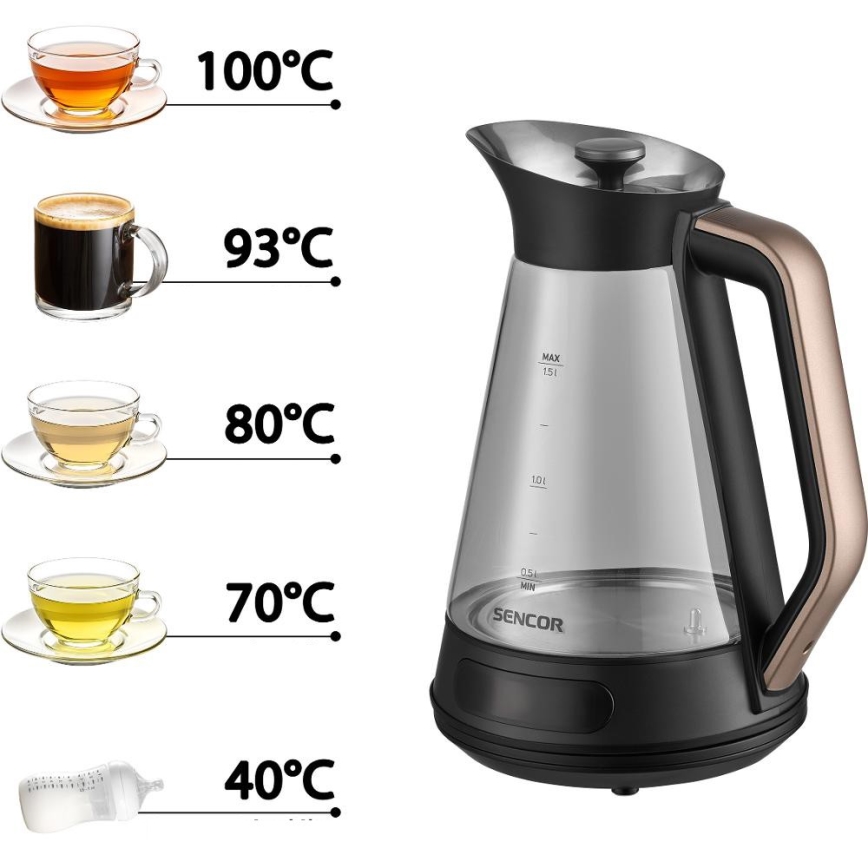 Sencor - Hurtig elkedel med temperaturstyring 1,5 l 2150W/230V sort/rosaguld