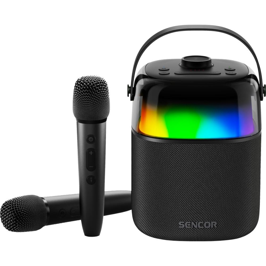 Sencor - LED højtaler med trådløse mikrofoner og RGB-farver35W 8000 mAh + 2x 1800 mAh IPX5 sort