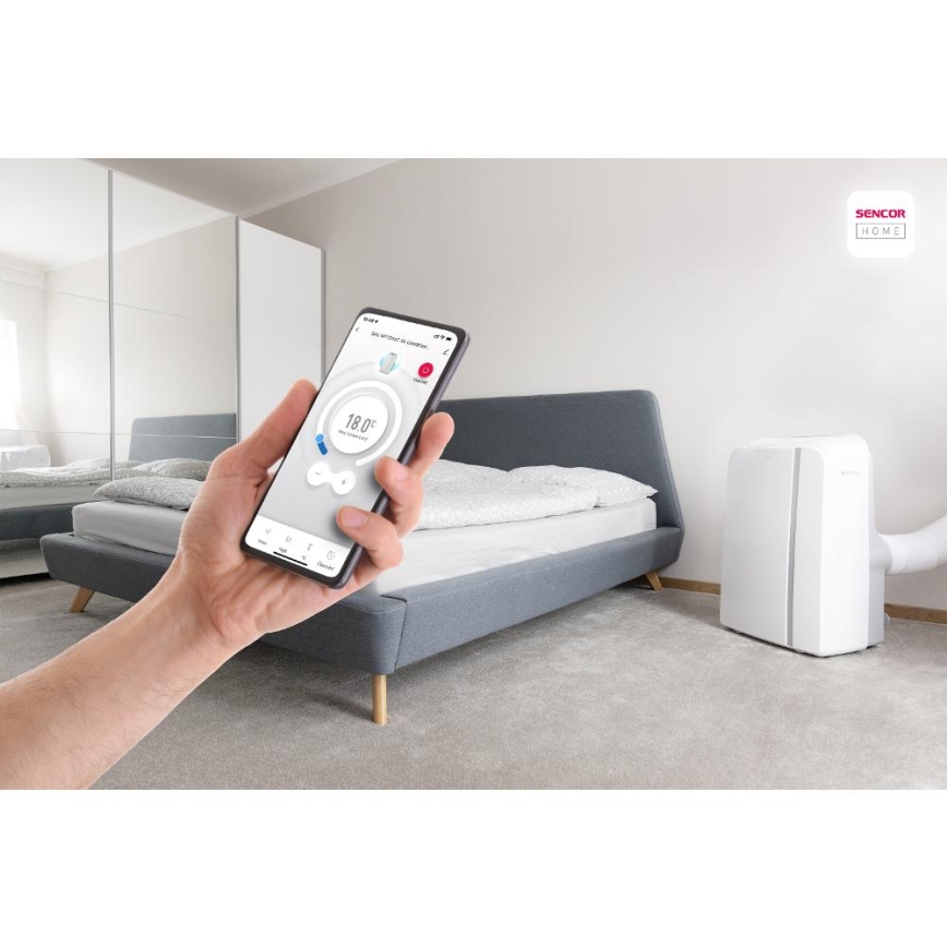 Sencor - Mobil smart airconditionanlæg 3-i-1 med tilbehørssæt 1450W/230V 12000 BTU Wi-Fi hvid + fjernbetjening
