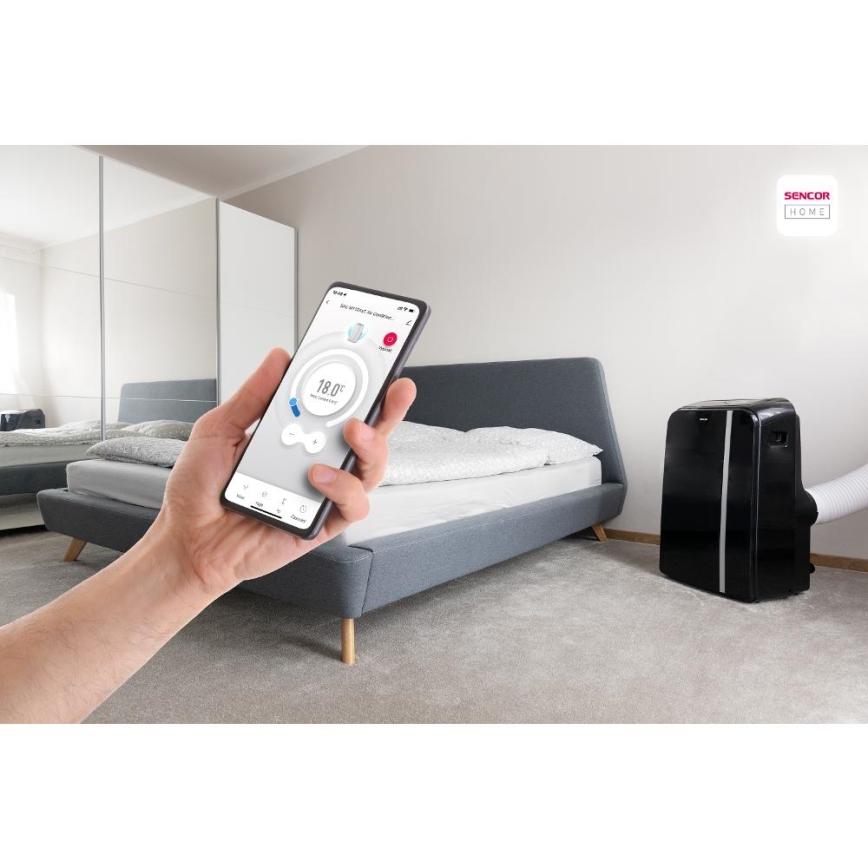 Sencor - Mobil smart airconditionanlæg 3-i-1 med tilbehørssæt 1450W/230V 12000 BTU Wi-Fi sort + fjernbetjening