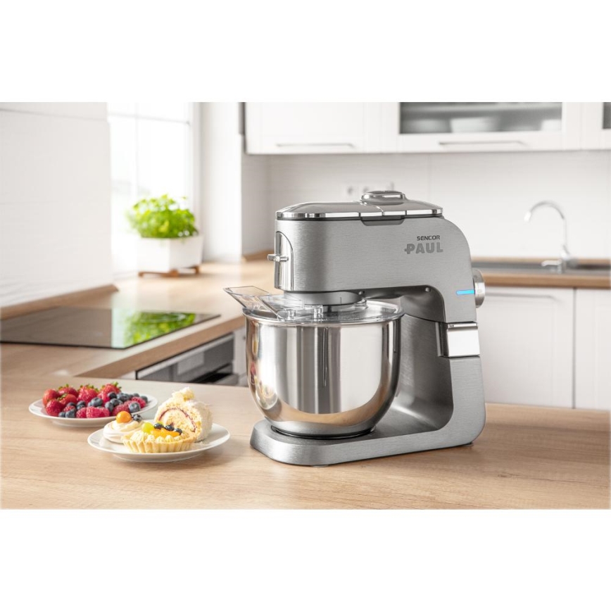 Sencor - Multifunktionel køkkenrobot m. skål i rustfrit stål 1500W/230V mat krom