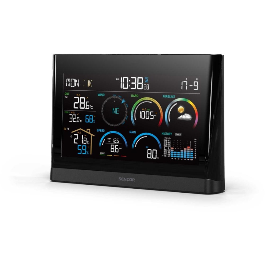 Sencor - Professionel vejrstation med farvet LCD-display og vækkeur 5V/3xAAA + 3xAA