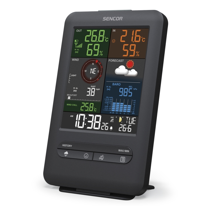 Sencor - Professionel vejrstation med LCD-skærm og vækkeur 1xCR2032 + 3xAA