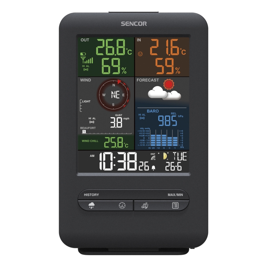 Sencor - Professionel vejrstation med LCD-skærm og vækkeur 1xCR2032 + 3xAA
