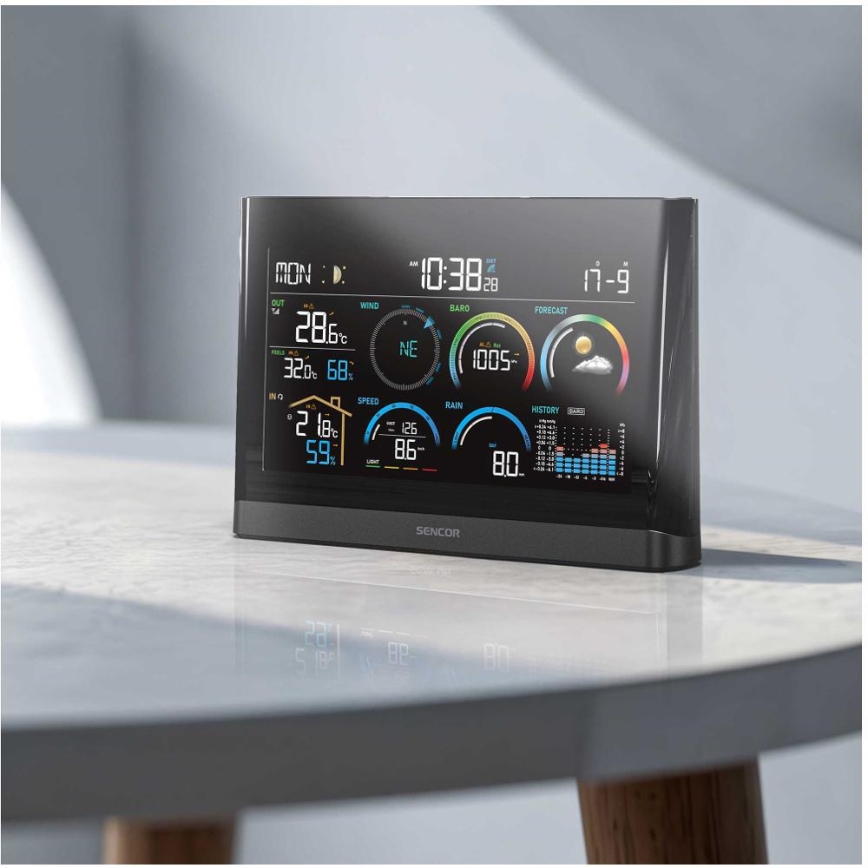 Sencor - Professionel vejrstation med LCD-farveskærm og vækkeur 5V/3xAAA + 3xAA