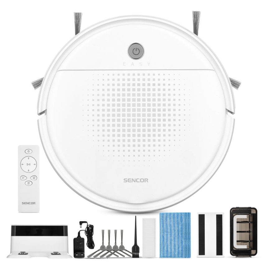 Sencor - Robotstøvsuger med moppe 2-i-1 18W/1500 mAh hvid + fjernbetjening