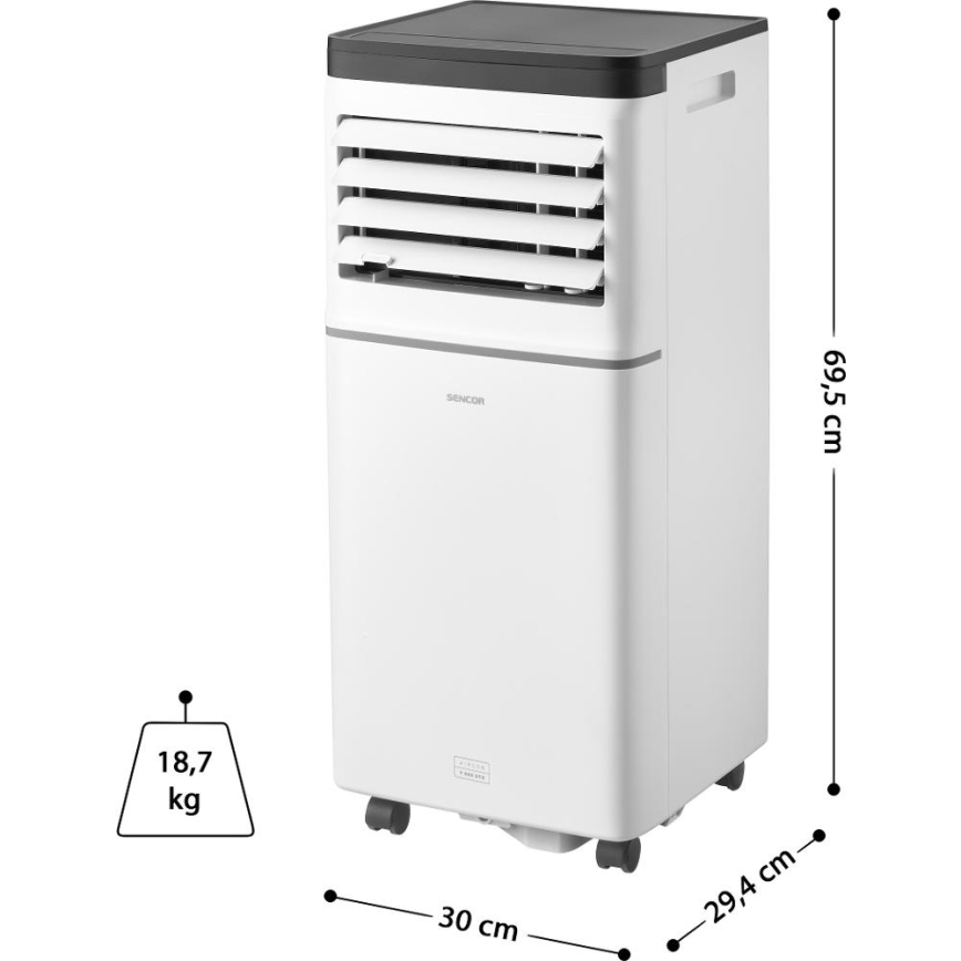 Sencor - Smart bærbart 3-i-1 klimaanlæg inkl. komplet tilbehør, 760 W/230 V, 7000 BTU, Wi-Fi, hvid + fjernbetjening