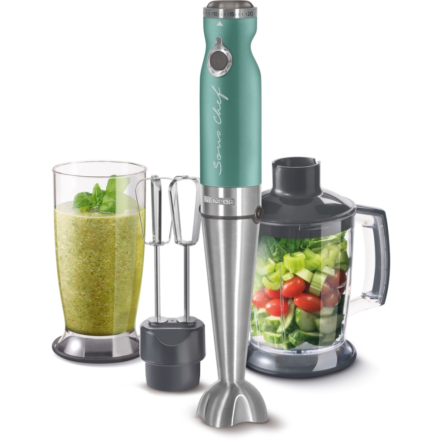 Sencor - Stavblender 4-i-1 1200W/230V rustfrit stål/turkis