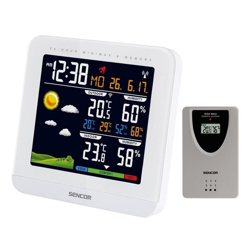 Sencor - Vejrstation m. LCD-farvedisplay og vækkeur 3xAAA + 2xAAA hvid