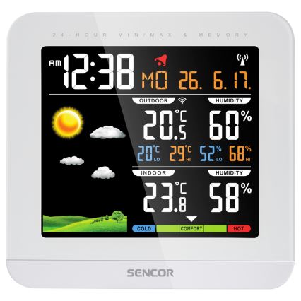 Sencor - Vejrstation m. LCD-farvedisplay og vækkeur 3xAAA + 2xAAA hvid