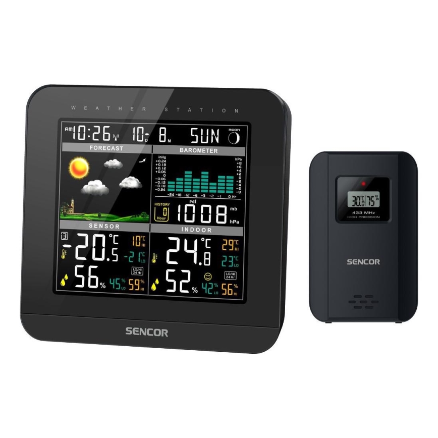 Sencor - Vejrstation m. LCD-farvedisplay og vækkeur 3xAAA sort
