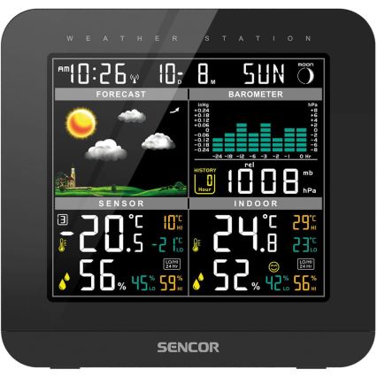 Sencor - Vejrstation m. LCD-farvedisplay og vækkeur 3xAAA sort