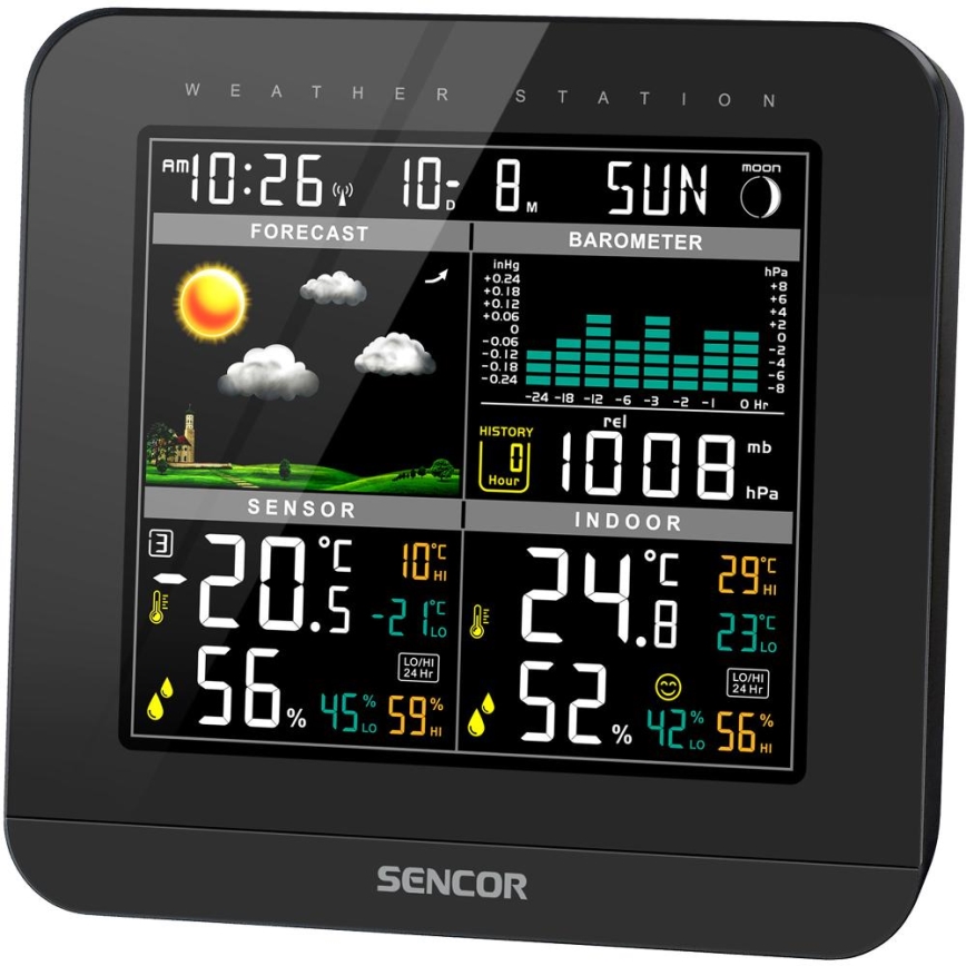 Sencor - Vejrstation m. LCD-farvedisplay og vækkeur 3xAAA sort