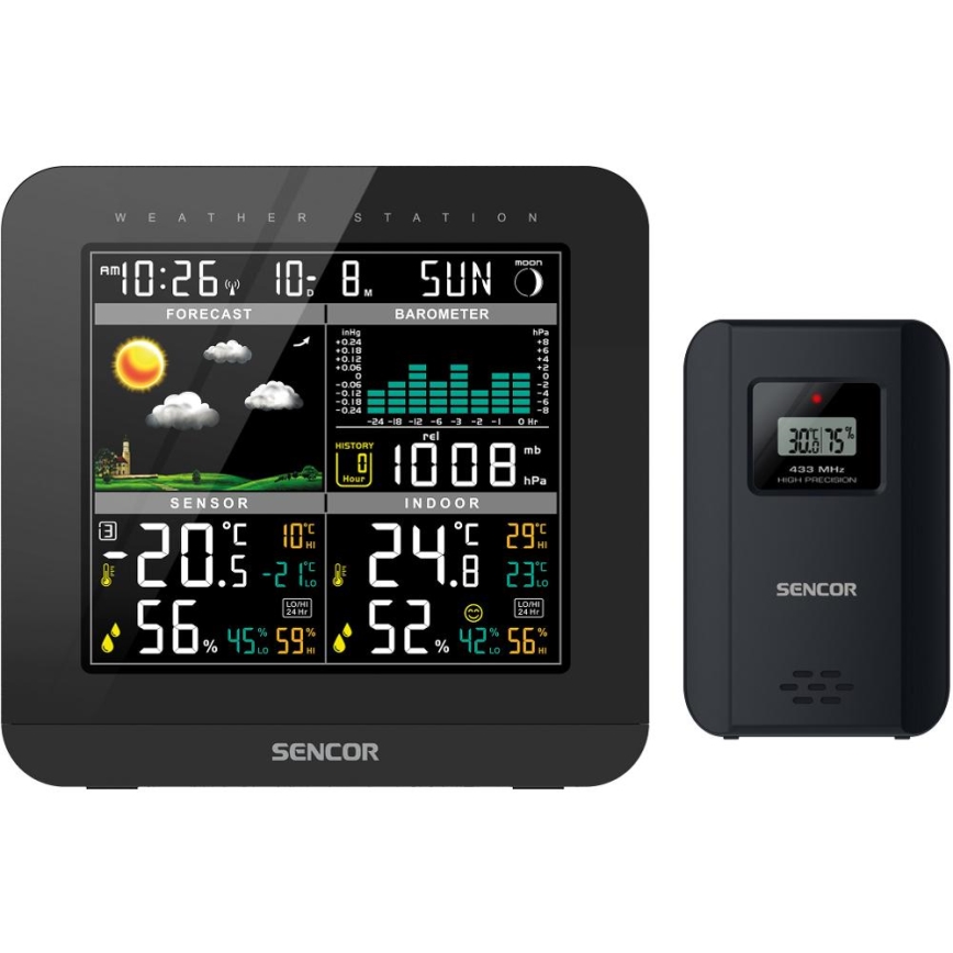 Sencor - Vejrstation m. LCD-farvedisplay og vækkeur 3xAAA sort