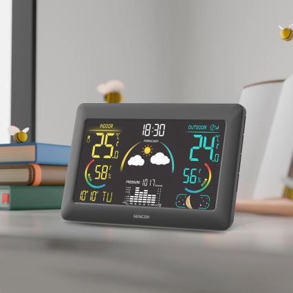 Sencor - Vejrstation m. LCD-farvedisplay og vækkeur 5V 3xAA + 2xAA