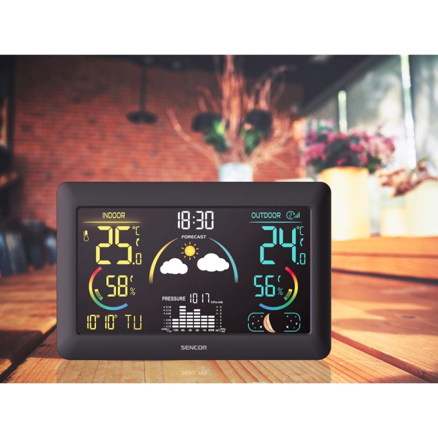 Sencor - Vejrstation m. LCD-farvedisplay og vækkeur 5V 3xAA + 2xAA