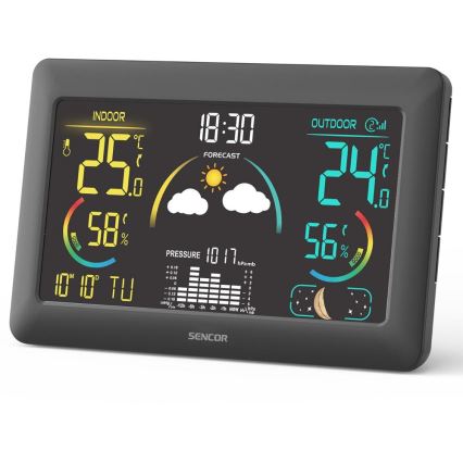Sencor - Vejrstation m. LCD-farvedisplay og vækkeur 5V 3xAA + 2xAA